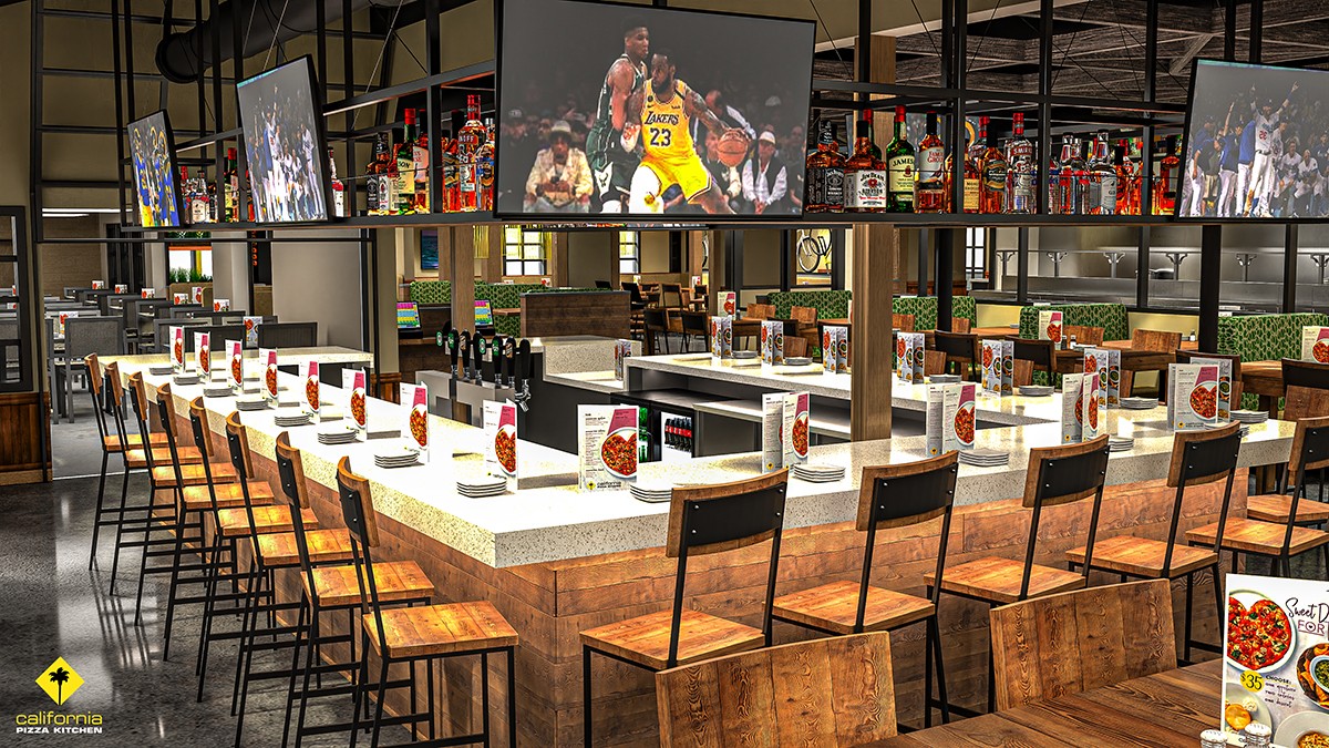 Rendering of California Pizza Kitchen bar with overhead TVs and bar stools