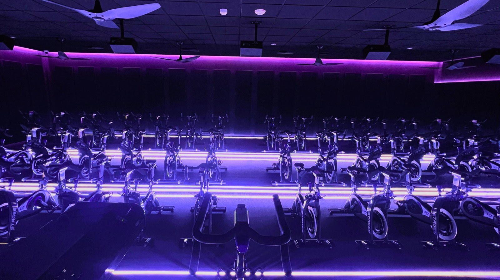 Club Studio cycling room with purple cove lighting and rows of bikes
