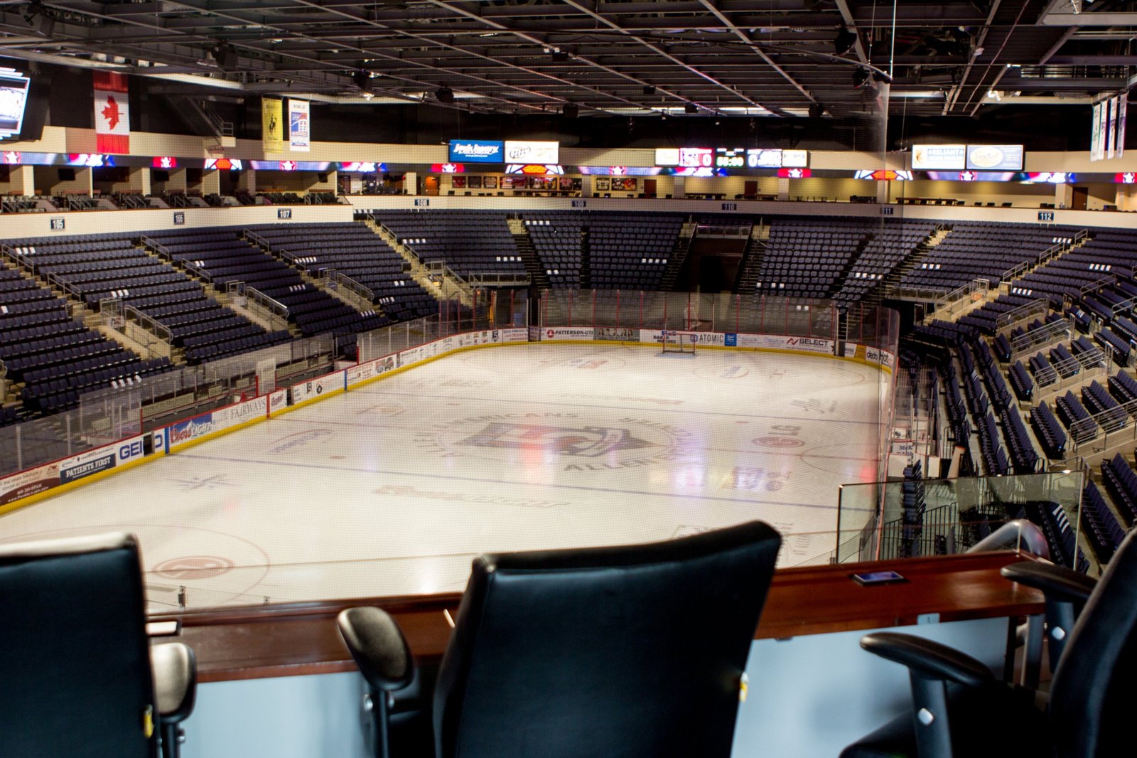 View of the ice and LED ribbon boards from a suite at the Credit Union of Texas Event Center