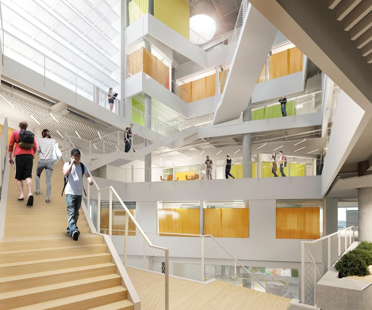 Rendering of the atrium stairs and open floors with students