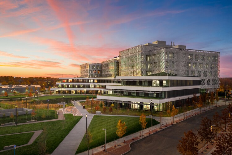 Harvard Allston Science and Engineering Complex at sunset with landscaped grounds
