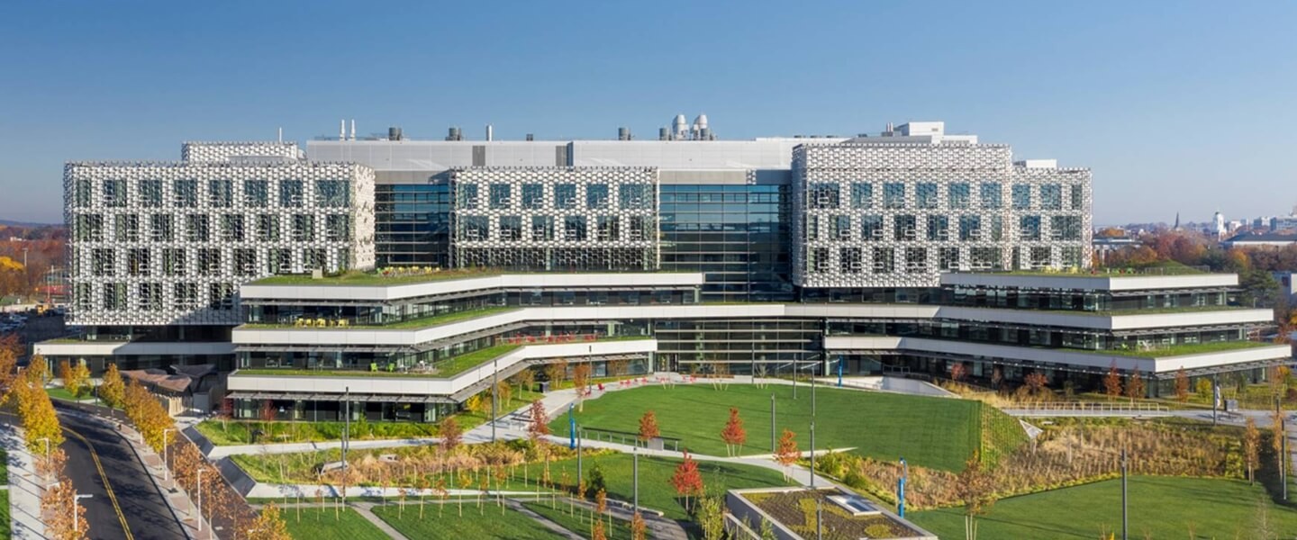 Harvard Allston Science and Engineering Complex exterior with patterned facade and green terraces