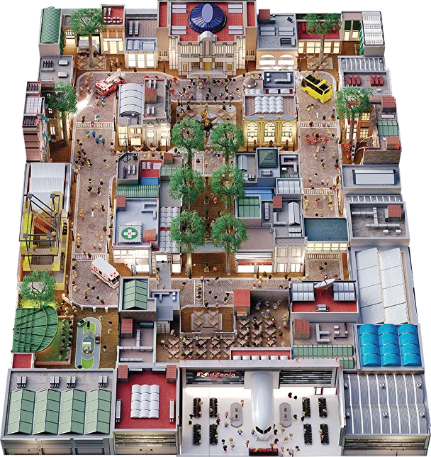 Illustrated aerial map of the KidZania city with streets, buildings and an airplane entrance