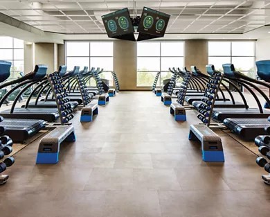 Group fitness studio with rows of steps, weights and overhead screens