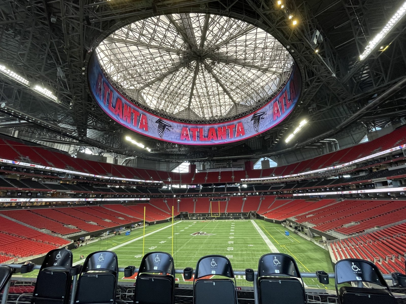 View of the field and halo video board from the seating bowl at Mercedes-Benz Stadium in Atlanta
