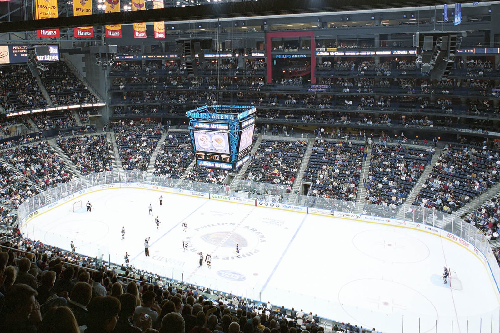 Philips Arena in Atlanta set up for a hockey game with the center-hung scoreboard