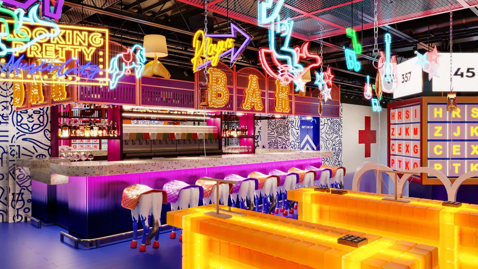 Play Playground bar with neon signs, horse-saddle stools and glowing orange tables