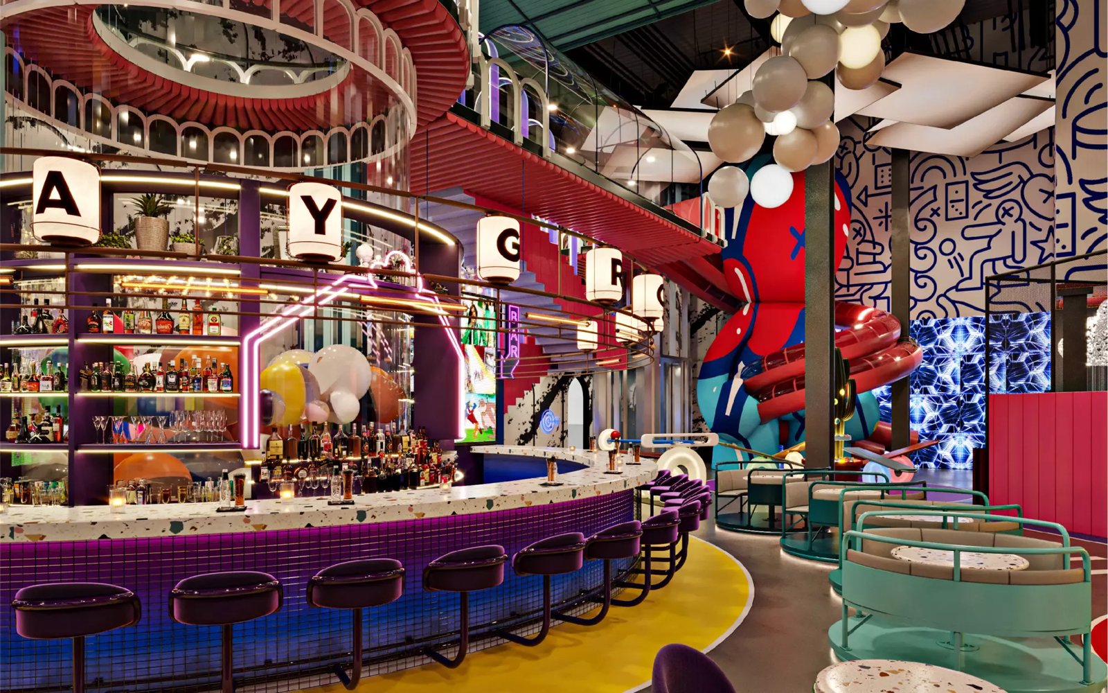 Play Playground circular bar and lounge with a giant sculpture, slide and LED video wall