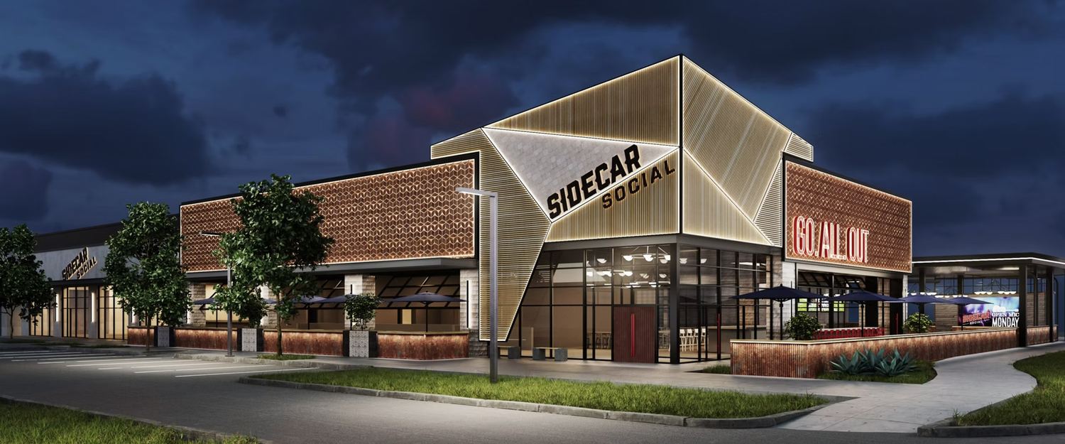 Sidecar Social restaurant and bar exterior at night